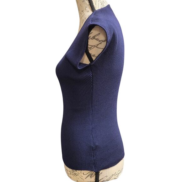 Lesley Evers Womens M/L Solid Navy Blue Ribbed Blouse Top Stretch Deep V Neck - Picture 4 of 10